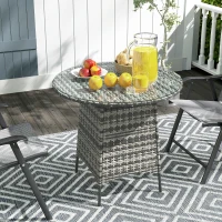 Outsunny Wicker Garden Rattan Table, Patio Furniture Outdoor Coffee Table with Umbrella Hole and Tempered Glass Top, Grey(m-8)
