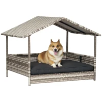PawHut Wicker Dog House, Rattan Pet Bed, with Removable Cushion, Canopy, for Small and Medium Dogs - Dark Grey(m-10)