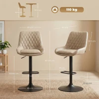 HOMCOM Retro Bar Stools Set of 2, Adjustable Kitchen Stool, Upholstered Bar Chairs with Back, Swivel Seat, Light Khaki(m-3)