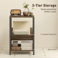 HOMCOM Narrow Side Table, End Table with 3-Tier Storage, V-Shaped Magazine Holder for Living Room, Bedroom, 40 x 30 x 61cm, Oak(m-5)
