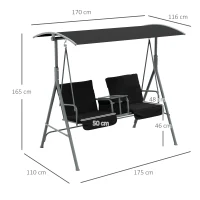 Outsunny 2 Seater Garden Swing Chair Patio Rocking Bench w/ Tilting Canopy, Double Padded Seats, Storage Bag and Tray, Black(m-3)