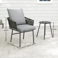 Outsunny 3-Piece Rattan Bistro Set, Garden Table and Chairs with 4 Cushions, Patio Rattan Conversation Furniture Set for Balcony, Porch, Terrace, Grey(m-3)
