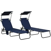 Outsunny Set of Two Folding Sun Loungers, with Adjustable Backs and Sun Canopies - Dark Blue(m-10)