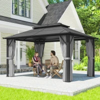 Outsunny 3 x 4m Hardtop Gazebo Canopy with UPF30+ Double Polycarbonate Roof, Aluminium Frame Garden Gazebo Permanent Pavilion with Mosquito Netting and Curtains for Patio, Deck, Grey(m-2)