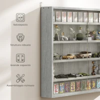 HOMCOM Vetrina per Collezionismo a 4 Ripiani Regolabili in Legno con Ante in Vetro, 80x9.5x60 cm, Grigio(m-6)