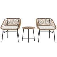 Outsunny 3 Pieces Rattan Bistro Set, Wicker Small Garden Table and Chairs Set with Cushions and Glass Top Coffee Table, Bistro Garden Furniture Set for Outdoor, Patio, Balcony, Natural(m-10)