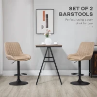 HOMCOM Retro Bar Stools Set of 2, Adjustable Kitchen Stool, Upholstered Bar Chairs with Back, Swivel Seat, Light Khaki(m-4)