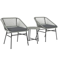 Outsunny 3 Pieces Rattan Bistro Set, Wicker Small Garden Table and Chairs Set with Cushions and Glass Top Coffee Table, Bistro Garden Furniture Set for Outdoor, Patio, Balcony, Light Grey(m-11)