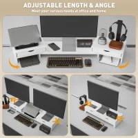 HOMCOM Dual Monitor Stand Riser with 2 Drawers, Adjustable Length and Angle, 116cm Monitor Riser for Laptop, Computer, PC, Small Printer, White(m-4)