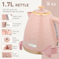 HOMCOM 3000W 1.7L Kettle & 4 Slice Toaster, Kettle and Toaster Set with 7 Browning Controls and Crumb Tray, Light Pink(m-4)