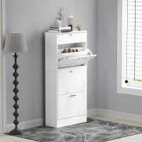 HOMCOM Marble Shoe Storage Cabinet with 3 Flip Drawers, Hallway Cabinet with Top Drawer and Adjustable Shelves, Shoe Cupboard for 18 Pairs, White(m-9)