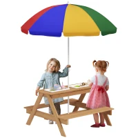 AIYAPLAY Kids Picnic Table, Sand and Water Table with Wooden Benches, Adjustable Parasol and Storage Bins, Multicolour(m-10)