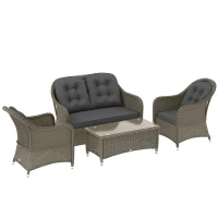 Outsunny Four-Piece Rattan Sofa Set, with Glass-Top Table - Light Grey(m-1)