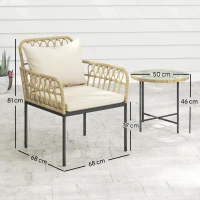 Outsunny 3 Piece Rattan Bistro Set, Wicker Garden Furniture Set with Cushions, Glass Top Coffee Table and Chairs for Outdoor, Patio, Balcony, Beige(m-3)