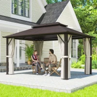 Outsunny 3 x 4m Hardtop Gazebo Canopy with UPF30+ Double Polycarbonate Roof, Aluminium Frame Garden Gazebo Permanent Pavilion with Mosquito Netting and Curtains for Patio, Deck, Beige(m-2)