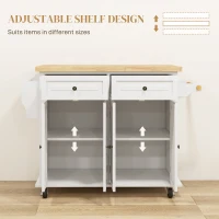 HOMCOM Rolling Kitchen Island Storage Trolley with Rubber Wood Top & Drawers for Dining Room, Cream White(m-5)