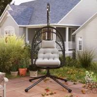 Outsunny Outdoor PE Rattan Swing Chair with Foldable Basket and Cushion, Garden Patio Hanging Egg Chair with Metal Stand, Headrest for Indoor and Outdoor, Black(m-9)