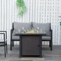 Outsunny Square Propane Gas Fire Pit Table, 50000 BTU Rattan Smokeless Firepit Patio Heater with Glass Screen, Glass Beads and Lid, 81cm x 81cm x 64cm, Black(m-2)