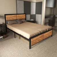 HOMCOM Industrial Double Bed Frame, 5FT Steel Bed Base with Headboard, Footboard, Slatted Support and Under Bed Storage, 142 x 195cm, Rustic Brown(m-10)