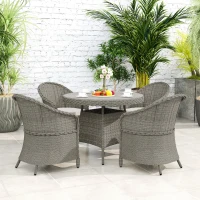 Outsunny 4 Seater Rattan Garden Furniture Set with Cushions, Round PE Rattan Dining Set with Glass-Top Table, Umbrella Hole, Outdoor Garden Table and Chairs, Grey(m-9)