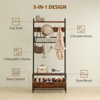 HOMCOM 5-In-1 Industrial-Style Hallway Tree - Brown/Black(m-4)