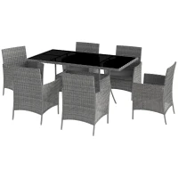 Outsunny 7-Piece Rattan Garden Furniture Set with Cushions, 6 Seater Garden Table and Chairs, Rattan Dining Set with 6 Armchairs, Rectangular Glass Top Table, Charcoal Grey(m-1)