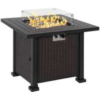Outsunny Square Propane Gas Fire Pit Table, 50000 BTU Rattan Smokeless Firepit Patio Heater with Glass Screen, Glass Beads and Lid, 81cm x 81cm x 64cm, Black(m-10)