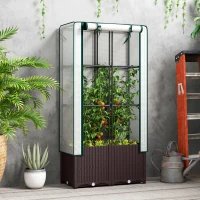 Outsunny Raised Garden Bed with Trellis, Plastic Planter Box with PE Cover, Drainage Holes, Drain Plugs and Water Reservoirs for Climbing Plants, Vegetables, Flowers, 80 x 40 x 140 cm(m-2)