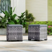 Outsunny Set of 2 Rattan Storage Ottoman, Outdoor Footstool with Removable Cushions, Garden Storage Seat for Balcony, Porch, Living Room, Dark Grey(m-9)