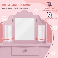 HOMCOM Kids Vanity Table and Chair Set with Tri-Folding Mirror and Stool, Makeup Dressing Table with Drawer, Pink(m-6)