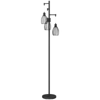 HOMCOM 3-Light LED Floor Lamp, 170cm Industrial Dimmable Standing Lamp with Steel Wire Cage Lampshades, 2700K for Living Room, Bedroom, Dining Room, Study, Black(m-1)