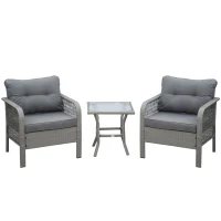 Outsunny 3 Pieces Rattan Bistro Set with Glass Top Coffee Table, Chairs and Cushions for Outdoor, Patio, Balcony, Grey(m-10)