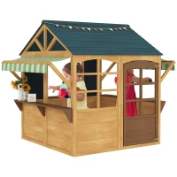 AIYAPLAY Wooden Playhouse for Kids, Foldable Wendy House with Windows, Working Door, Service Stations, Rain Covers, Brown(m-10)