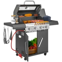 Outsunny 4+1 Burner Gas BBQ Grill with Clear View Lid, Portable Gas Barbecue Grill with Built-in Thermometer, Side Table, Cabinet, Wheels, Grease Tray for Garden Party Outdoor Cooking, Black(m-10)