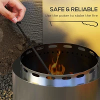 Outsunny Smokeless Fire Pit, 48.5cm Portable Wood Burning Firepit with Poker for Garden Camping Bonfire Party, Stainless Steel, Silver(m-5)