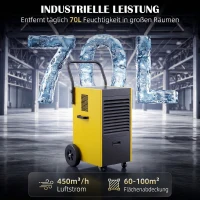 DURHAND Gewerbe-Luftentfeuchter 70L/Tag mit Rädern und Griff, kontinuierlicher Ablaufschlauch, 24-Stunden-Timer, 5,5L Tank, Gelb(m-4)