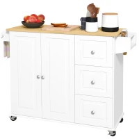 HOMCOM Kitchen Island with Drop Leaf, Rolling Kitchen Storage Trolley on Wheels with 3 Drawers, Spice Rack and Towel Rack, Storage Cart with Rubber Wood Top, White(m-11)