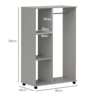 HOMCOM Open Wardrobe on Wheels, Bedroom Wardrobe with Clothes Hanging Rail, 3 Storage Shelves, Mobile Garment Rack for Cloakroom, Hallway, Grey(m-3)
