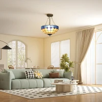HOMCOM Tiffany Style Ceiling Light, Vintage Chandelier with 3 E27 Sockets, Semi Flush Mount for Living Room, Bulbs Not Included(m-2)