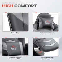 HOMCOM Massage Gaming Chair, Swivel Racing Video Gaming Recliner with Retractable Footrest, Headrest, Cup Holders and Side Pockets, Ergonomic High Back PU Leather Executive Desk Chair, Grey(m-6)