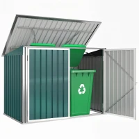 Outsunny Cache Poubelle Extérieur en Acier Galvanisé pour 2 Poubelles, Double Porte, Couvercle Pneumatique, 180x108x130cm, Vert(m-11)
