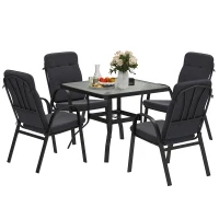 Outsunny 5 Pieces Outdoor Square Garden Dining Set w/ Tempered Glass Dining Table 4 Cushioned Armchairs, Umbrella Hole, Black(m-10)