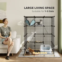 PawHut Steel Wire Cat Cage Indoor with Hammock, Ramps, Doors, DIY Cat Enclosure for 1-3 Cats, Black(m-4)