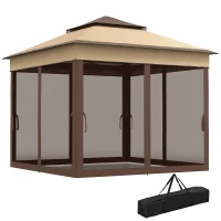 Outsunny 3 x 3(m) Pop Up Gazebo, Height Adjustable Instant Event Shelter with Netting and Carrying Bag, Beige(m-11)