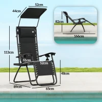 Outsunny Zero Gravity Lounger Chair Set of 2, Folding Reclining Patio Chair with Shade Cover, Padded Seat, Cup Holder, Soft Cushion and Headrest for Poolside, Camping, Black(m-3)