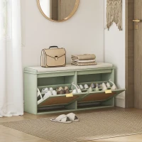 HOMCOM Boho Shoe Bench with Padded Seat and 2 Flip-Drawers - Light Green(m-2)