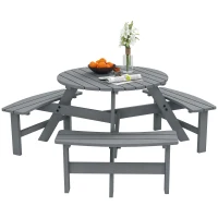Outsunny Wooden Garden Dining Set, 6 Seater Round Dining Picnic Table with Matching Bench, Garden Furniture Set with Parasol Hole for Outdoor Patio Party and Family Gatherings, Grey(m-10)