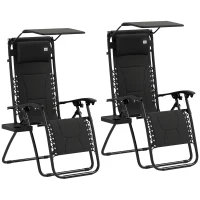 Outsunny Zero Gravity Lounger Chair Set of 2, Folding Reclining Patio Chair with Shade Cover, Padded Seat, Cup Holder, Soft Cushion and Headrest for Poolside, Camping, Black(m-10)