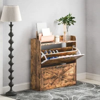 HOMCOM Two Flip Drawer Narrow Shoe Cabinet with Adjustable Shelves - Rustic Brown(m-2)
