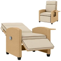 Outsunny 145° Reclining Rattan Armchair, with Footrest - Khaki/Beige(m-11)